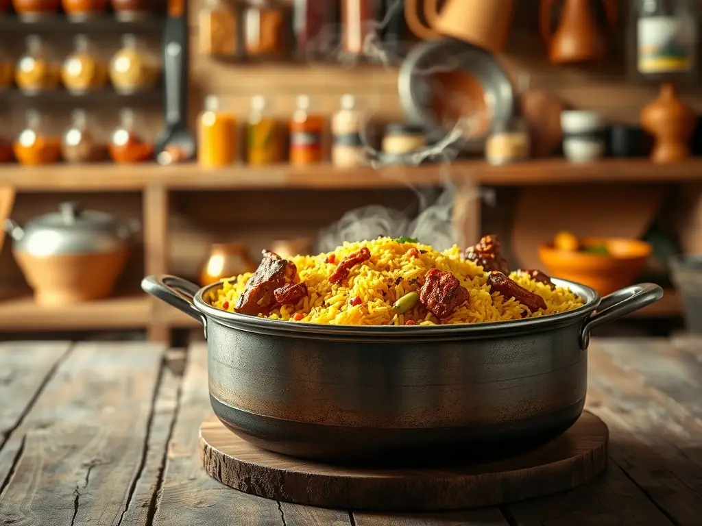 A vibrant photo showcasing a steaming pot of chicken biryani, garnished with fresh cilantro and spices, capturing the essence of authentic Indian cuisine.