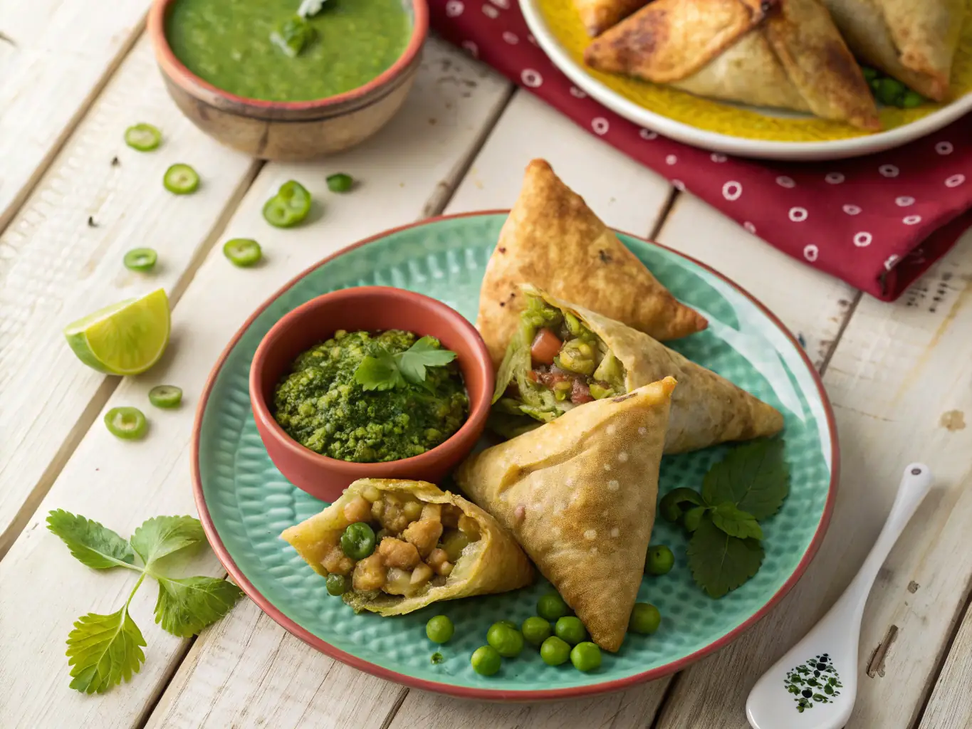 A close-up shot of a plate of vegetable samosas, golden brown and crispy, served with a side of mint chutney, highlighting the delicious appetizers available.
