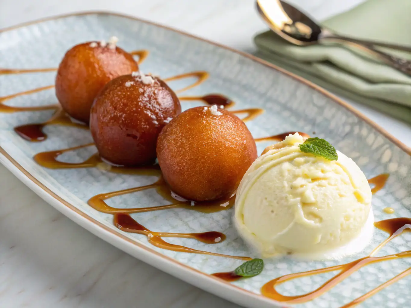 A beautifully plated dessert of Gulab Jamun, glistening with syrup and garnished with chopped nuts, showcasing the sweet treats on offer.
